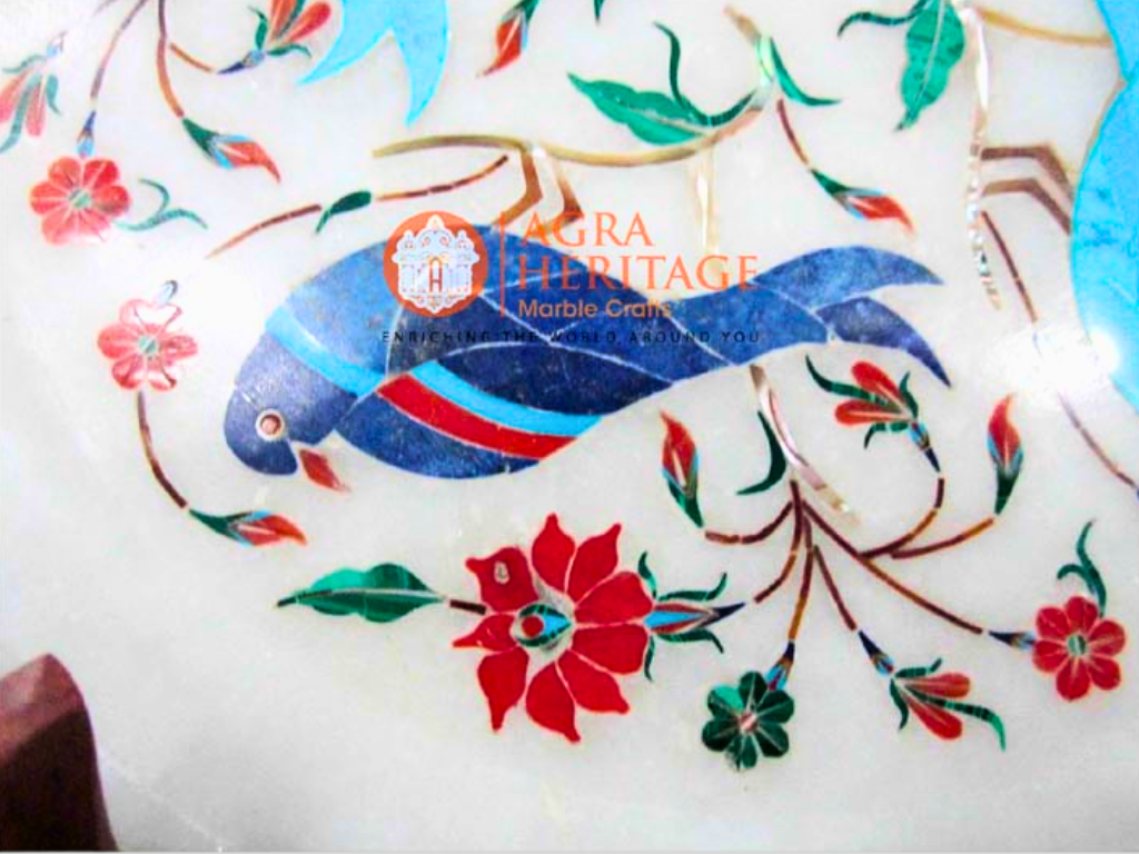 White Marble Parrot Art Turquoise Inlaid Floral Serving Plate